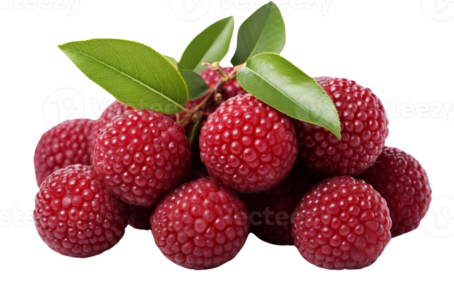A bunch of red raspberries with green leaves on top. The raspberries are small and round, and they are piled on top of each other. The leaves are green and add a pop of color to the image png