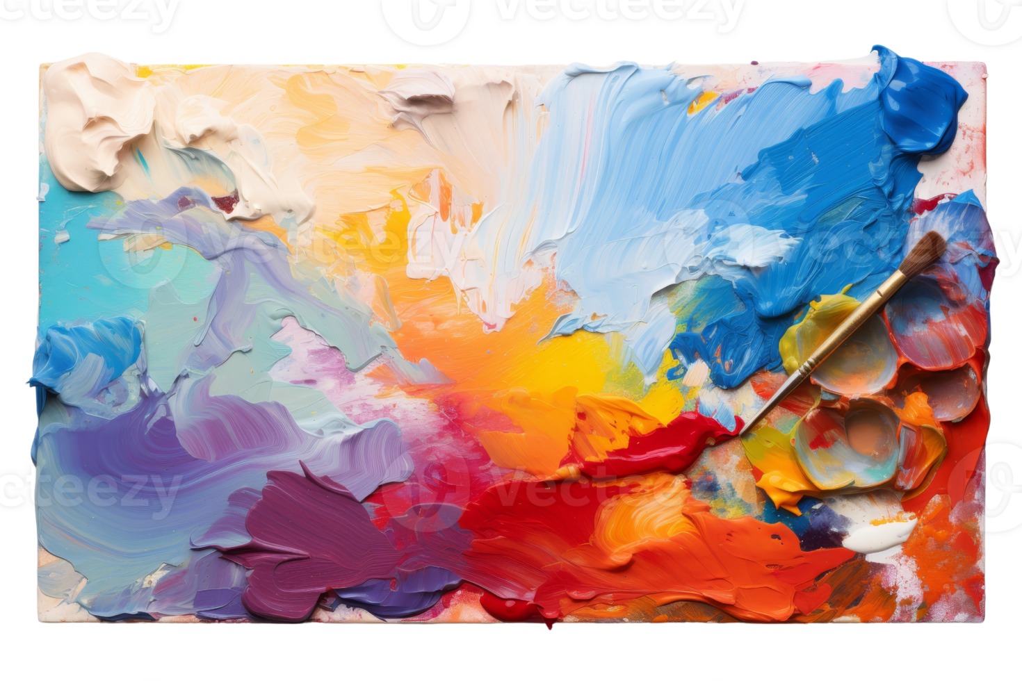 A painting with a brush and a palette of colors. The painting is a mix of different colors and has a lot of texture png