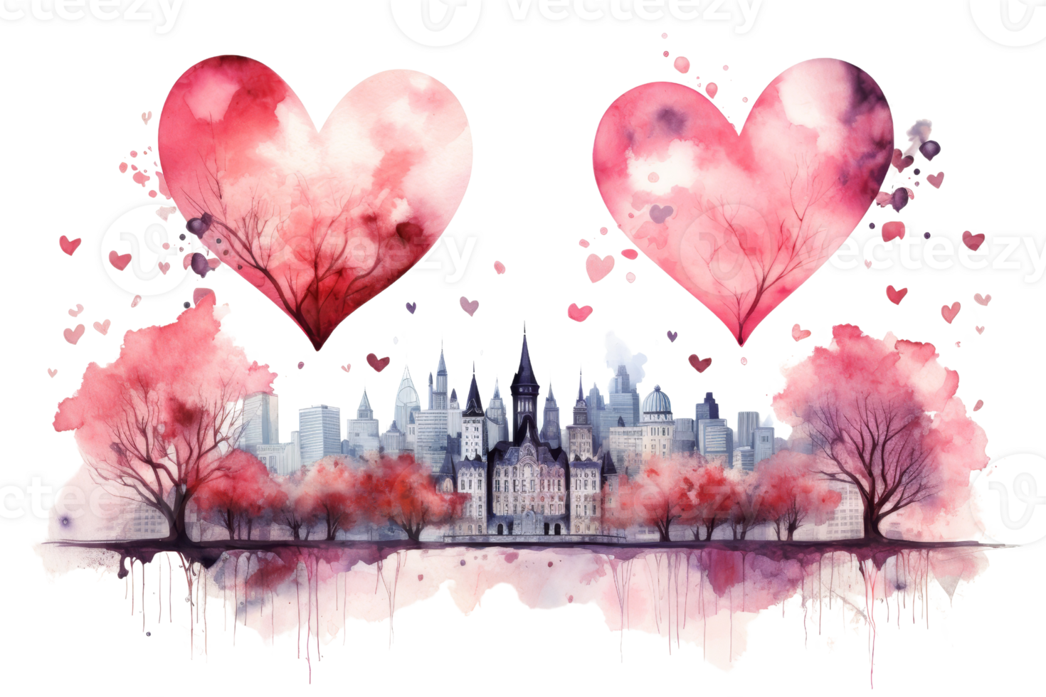 Two hearts are floating in the sky above a city with a large building in the background. The city is surrounded by trees and the sky is filled with pink and white clouds. Concept of love and romance png