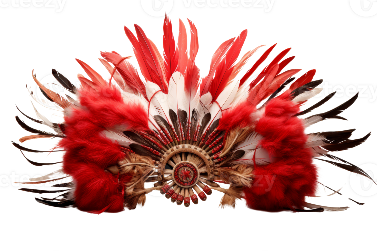 A red and white feather headdress with a brown center. The feathers are arranged in a way that creates a sense of movement and flow. The headdress is a symbol of Native American culture and tradition png