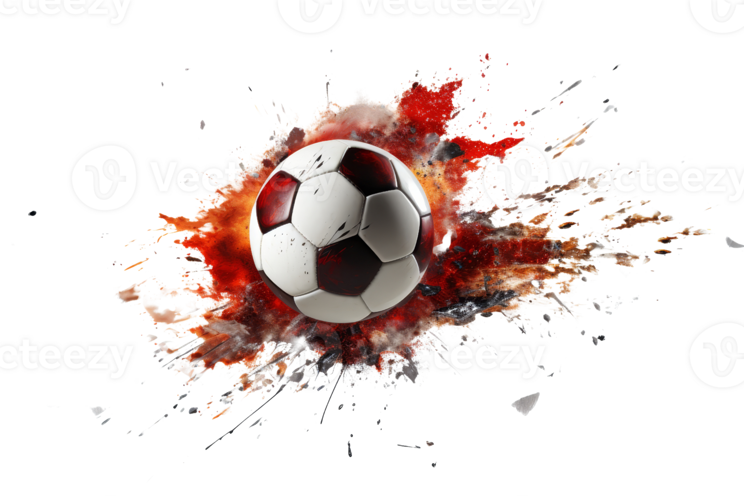A soccer ball is surrounded by red and black paint splatters. The splatters are in various sizes and shapes, creating a chaotic and energetic atmosphere. Concept of action and excitement png