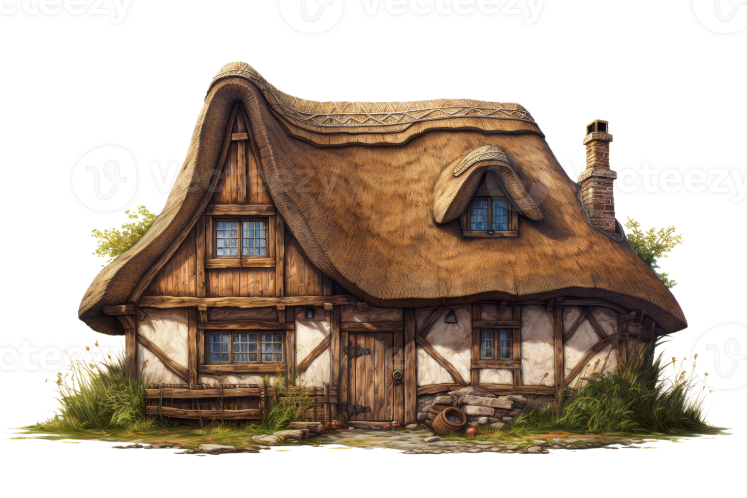 A small house with a thatched roof and a chimney. The house is surrounded by grass and he is in a rural setting png