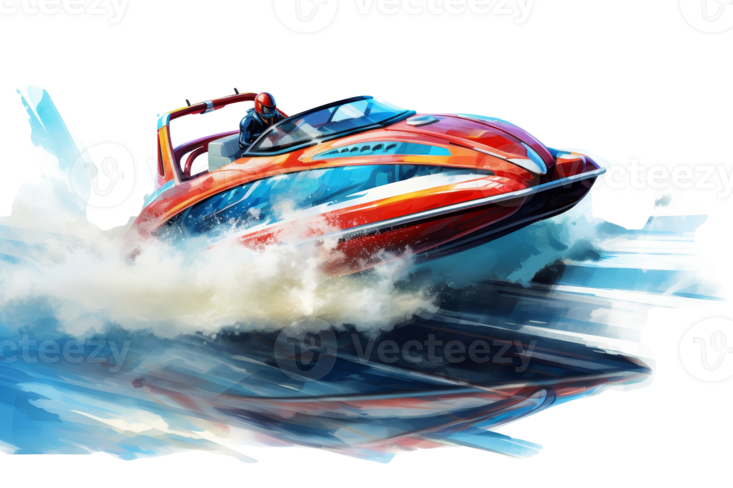 A red speed boat is in the water, with a man in the driver's seat. The boat is moving fast and leaving a wake behind it. Concept of excitement and adventure, as well as the thrill of water sports png