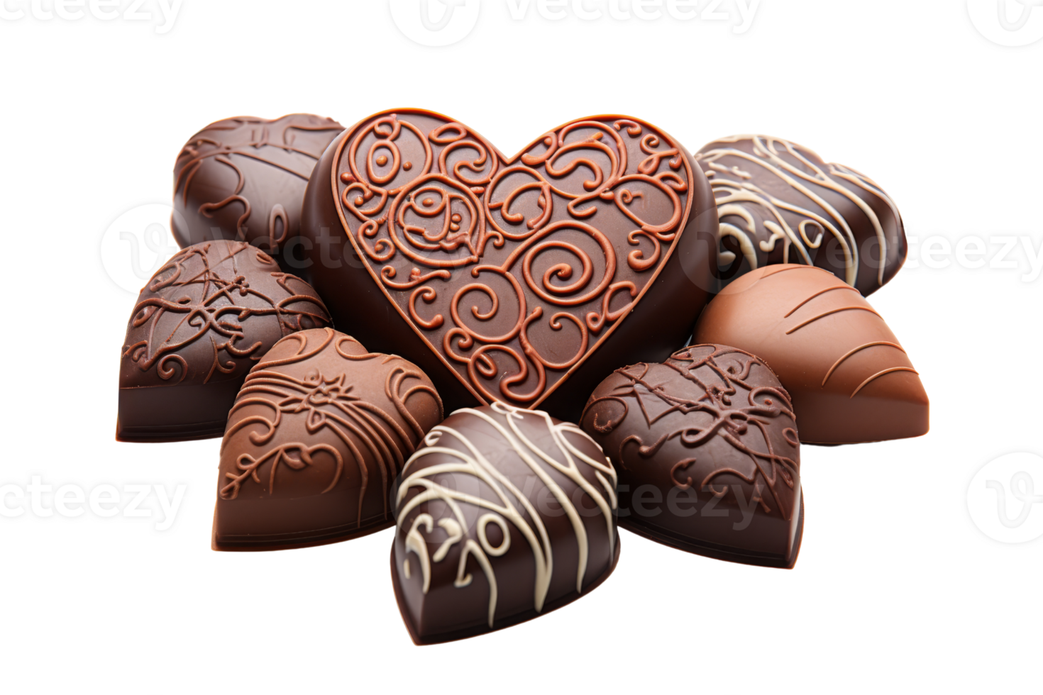 A collection of heart-shaped chocolates with white chocolate drizzle. The chocolates are arranged in a heart shape, with some overlapping and others standing alone. Concept of love and indulgence png