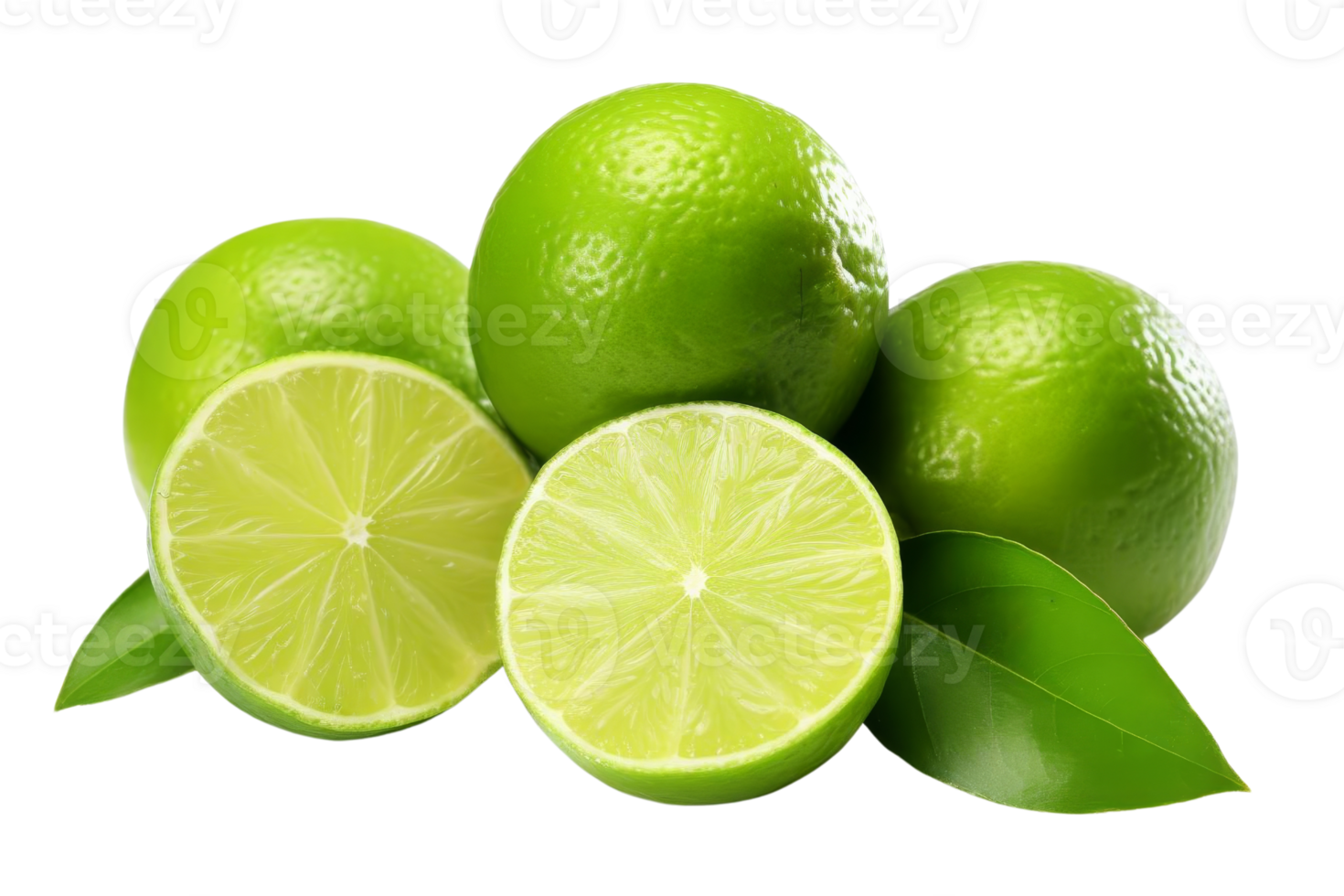 A bunch of green limes with one cut open. The limes are fresh and ready to eat png