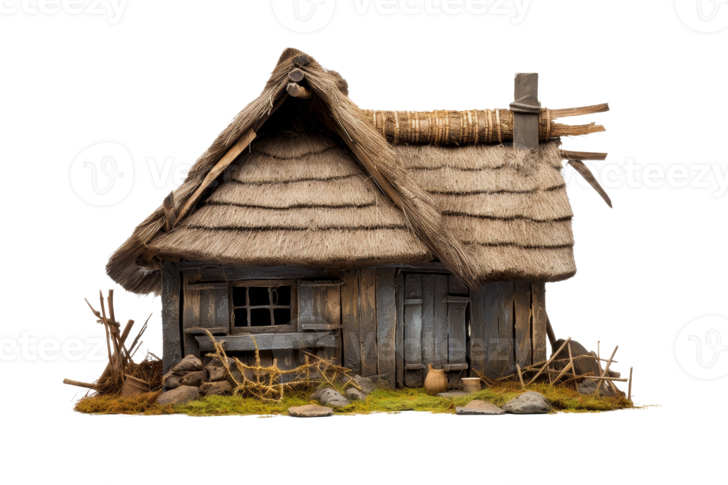 A small, old, and dilapidated house with a thatched roof. The house is surrounded by grass and rocks png