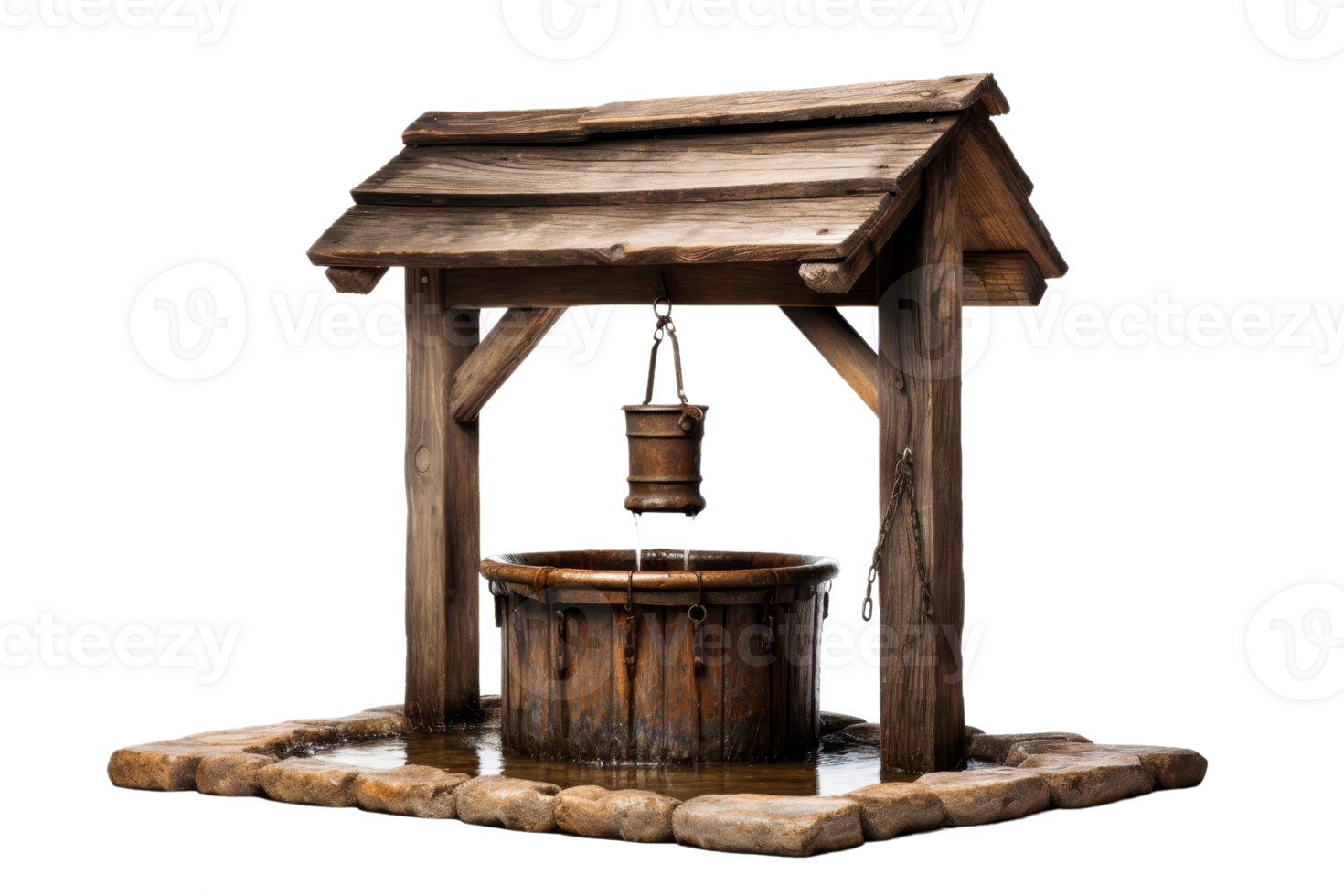 A wooden structure with a metal bucket hanging from it. The bucket is filled with water and the structure is surrounded by a stone base. The image has a rustic and natural feel to it png