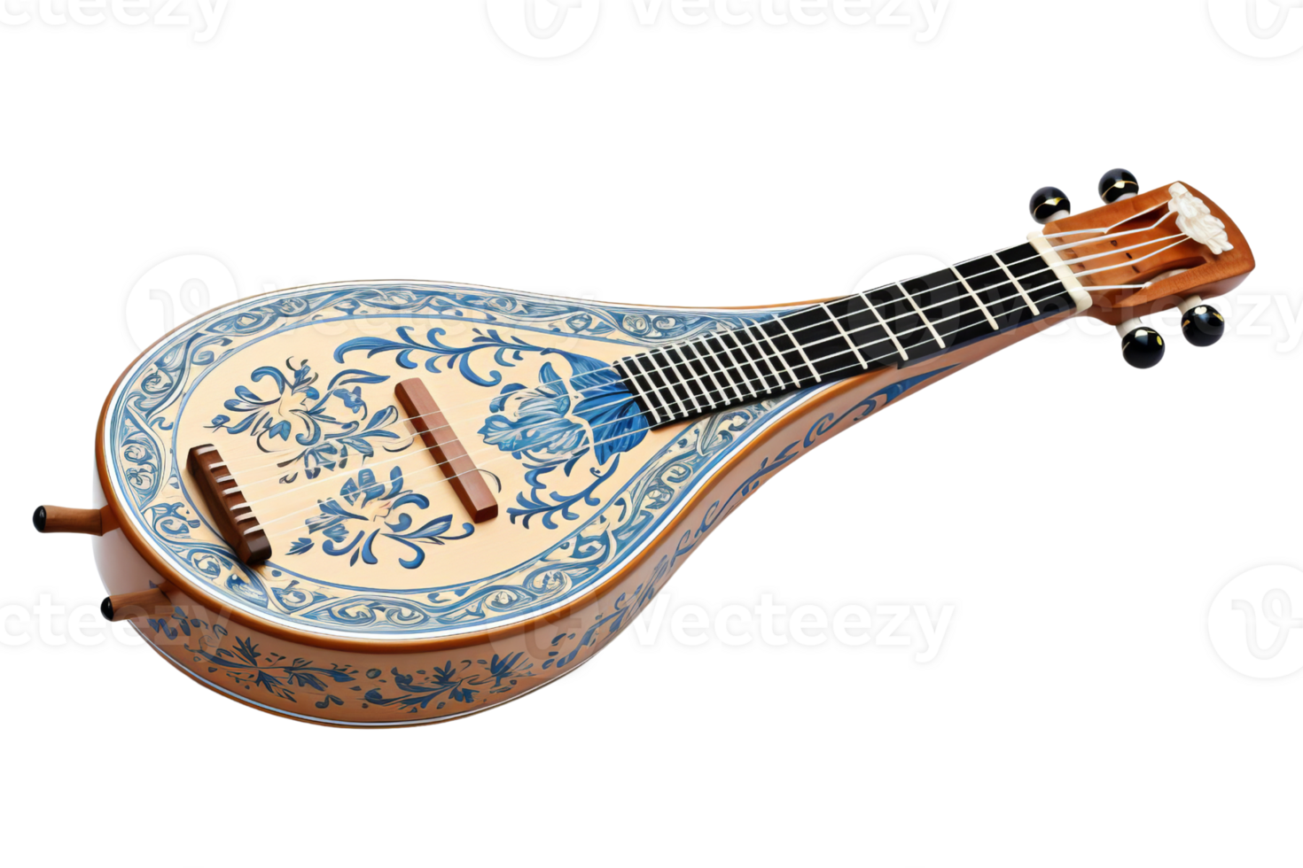 A blue and white guitar with a floral design. The guitar is made of wood and has a brown finish png