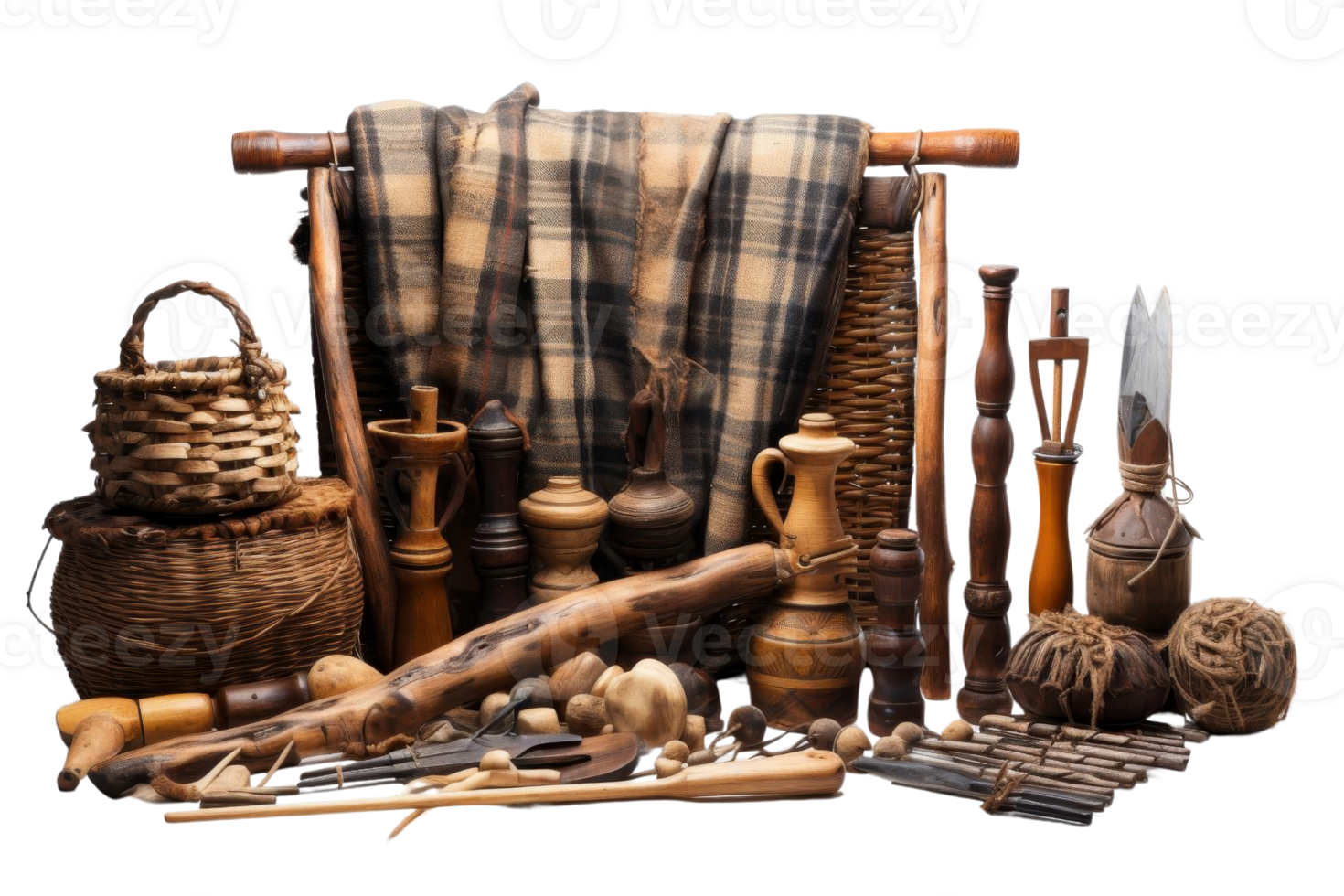A collection of items including a basket, a blanket, and a wooden stick. The items are arranged in a way that creates a sense of nostalgia and warmth png