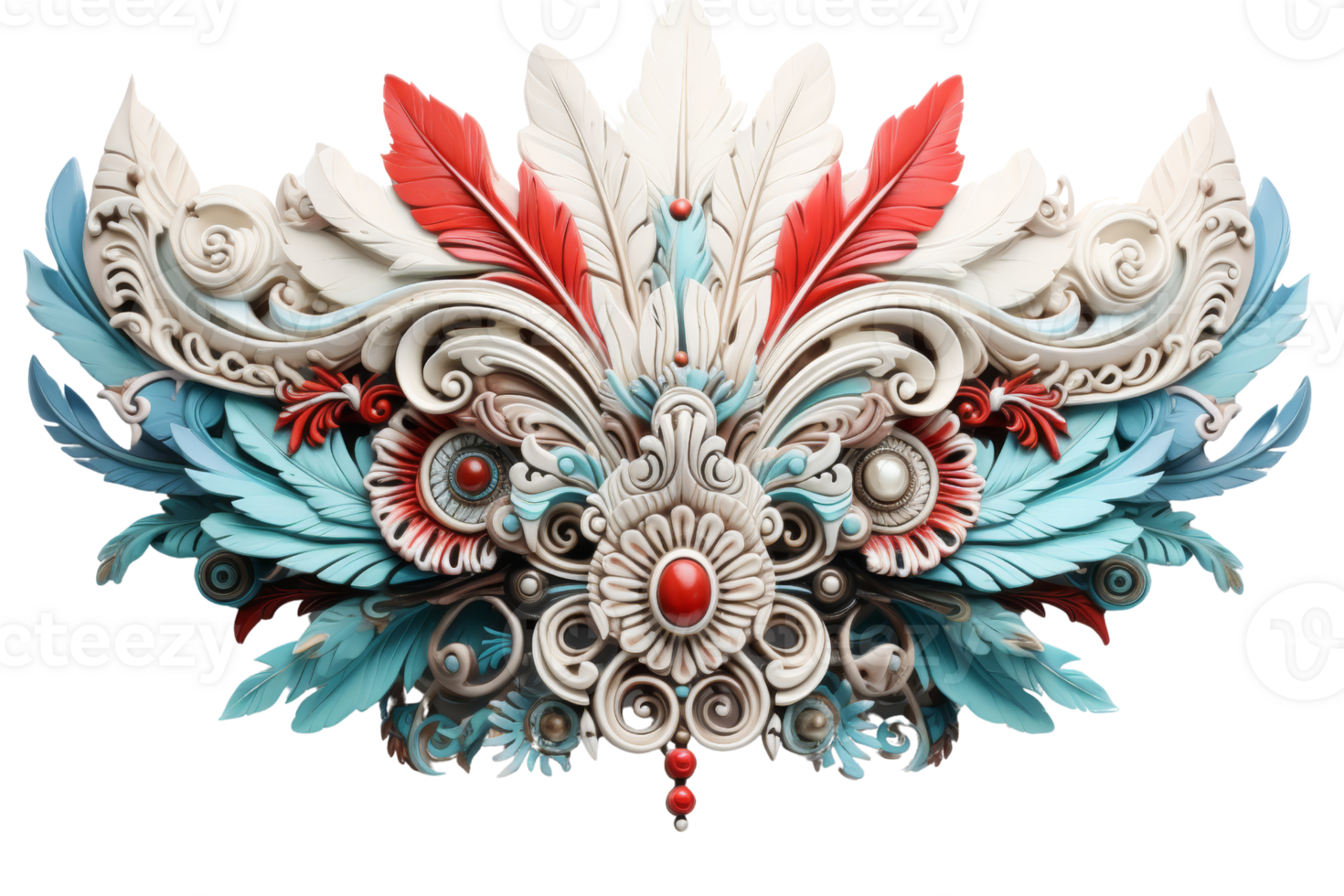 A blue, white and red feathery design with a red flower in the center. The design is ornate and intricate, with a sense of movement and flow. The colors and shapes create a sense of harmony png
