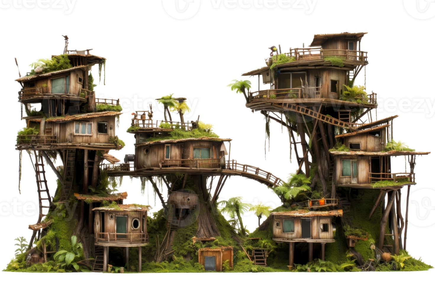 A row of small houses with a bridge in between them. The houses are made of wood and are covered in moss png