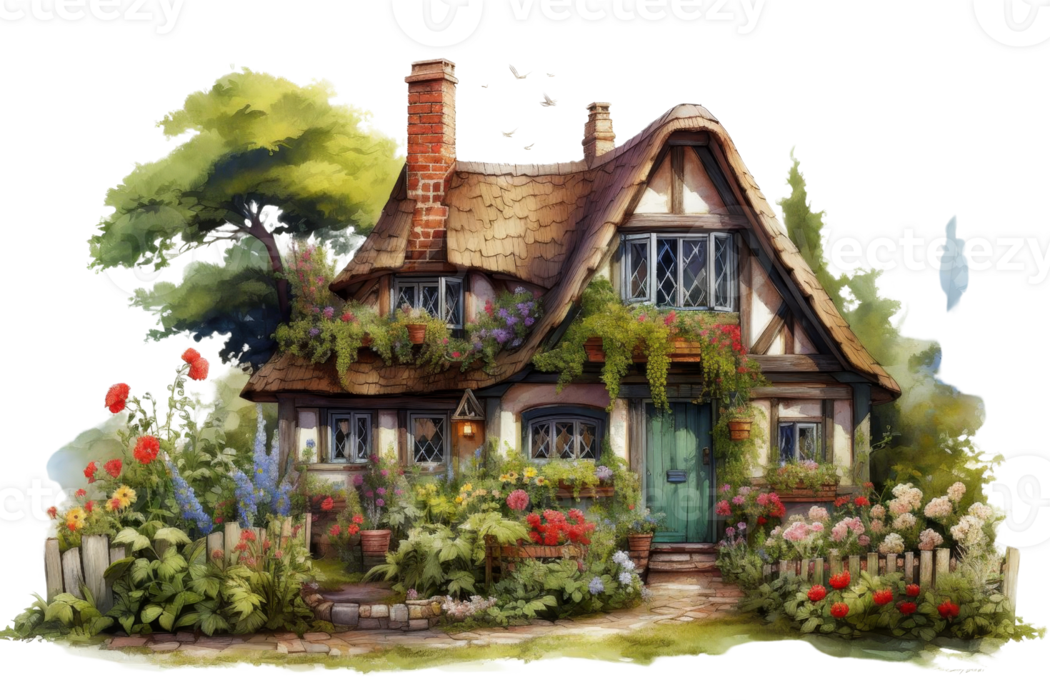 A house with a green door and a green roof. The house is surrounded by a garden with flowers and plants png