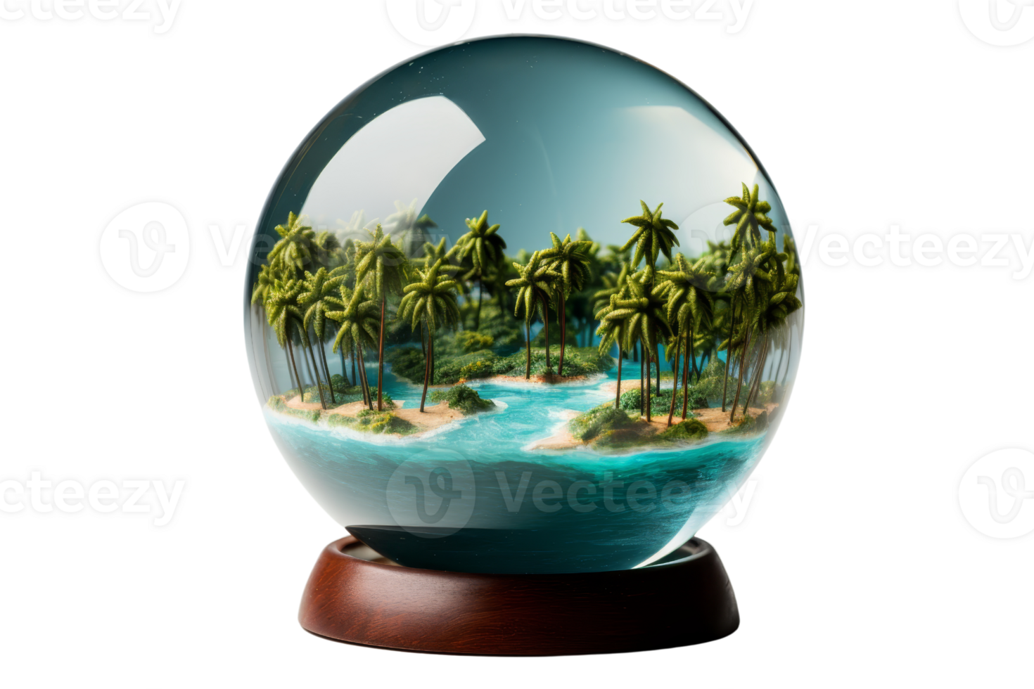 A glass globe with a blue ocean and palm trees. The scene is peaceful and serene. The blue water and green palm trees create a tropical atmosphere. The globe is placed on a wooden stand png
