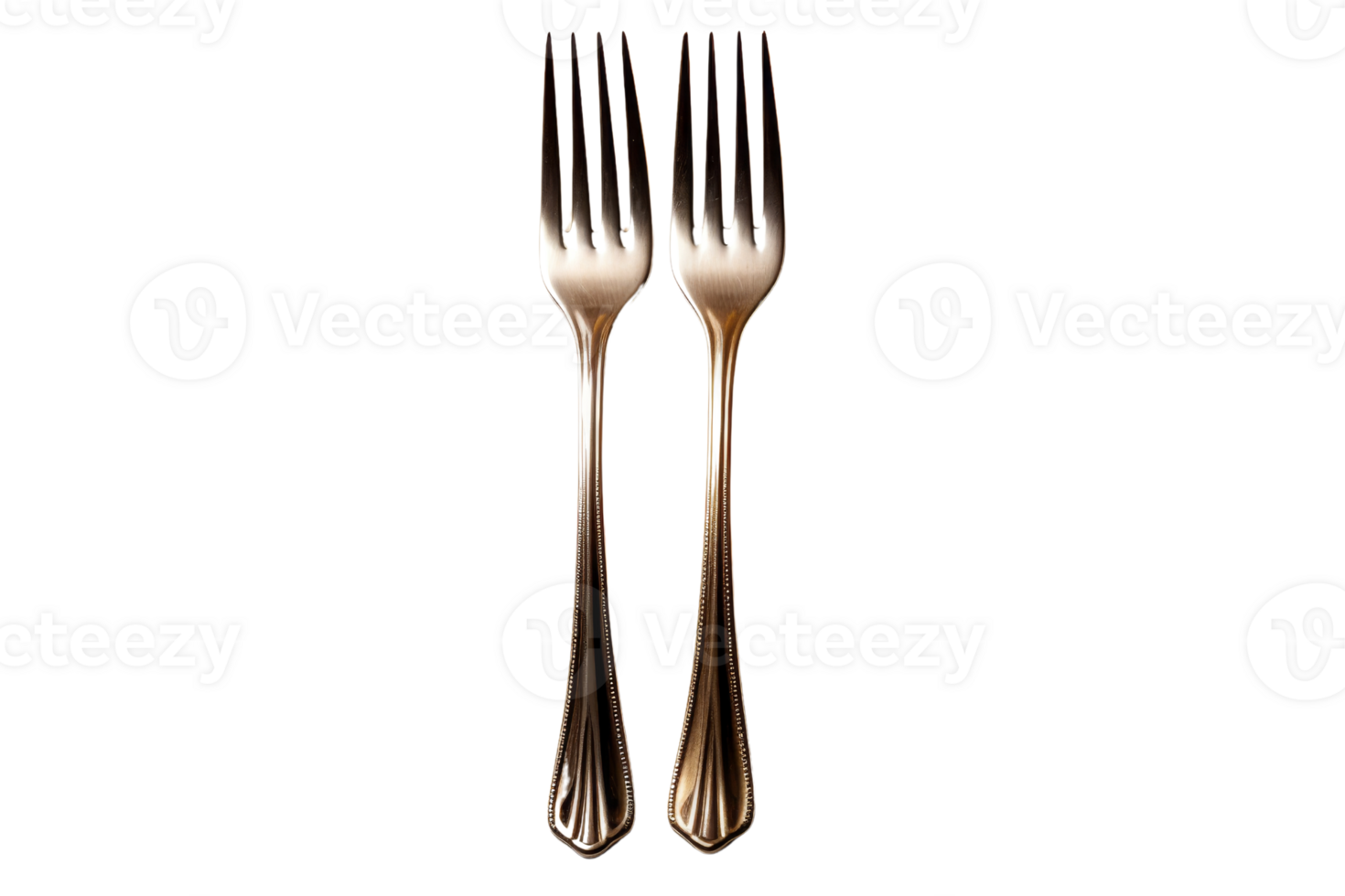 Two forks are shown on a white background. The forks are silver and have a decorative design. Concept of elegance and sophistication png