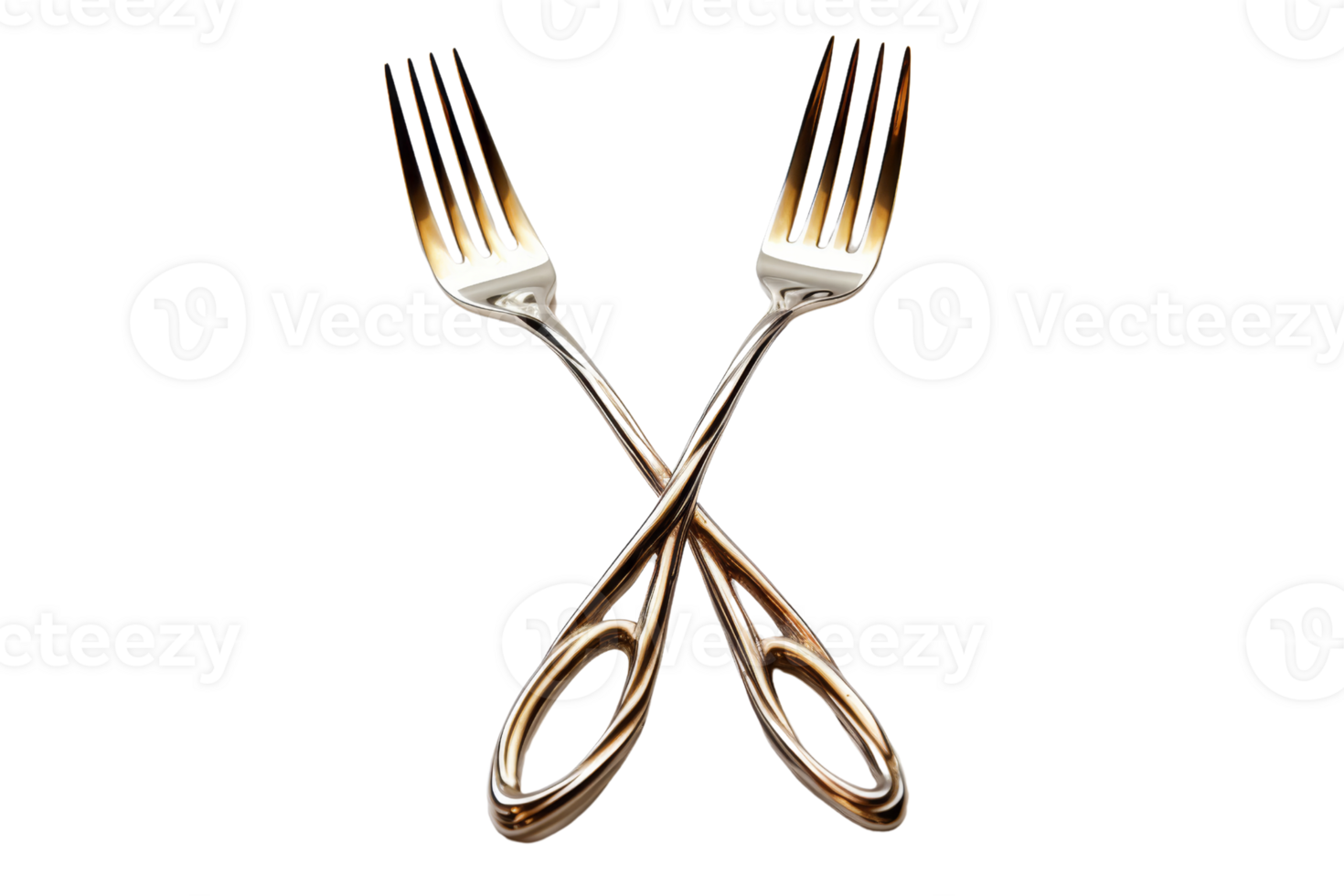 Two forks are crossed over each other. The forks are gold and silver. The image has a simple and elegant feel png