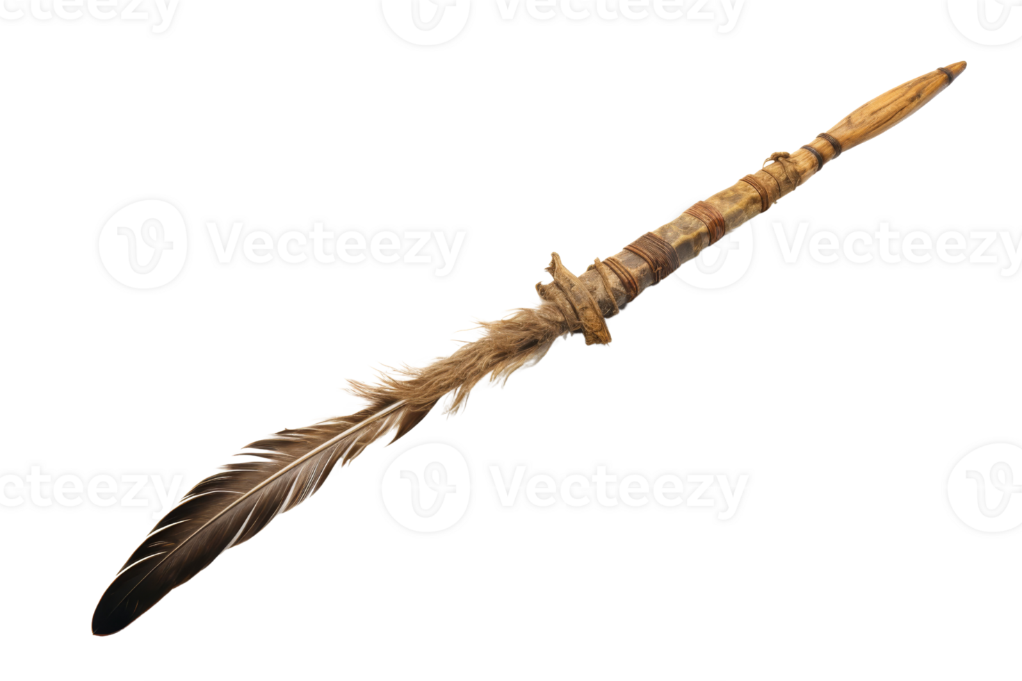 A long, thin, wooden object with feathers on it. It is brown and has a natural, rustic appearance png