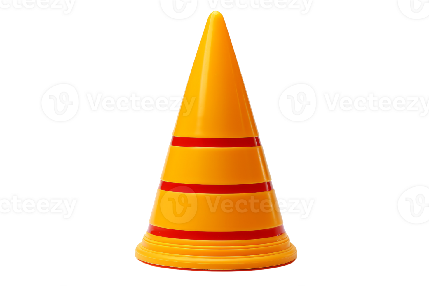 Bright orange traffic cone with red stripes, isolated on a transparent background. used for safety and traffic control in various settings. png