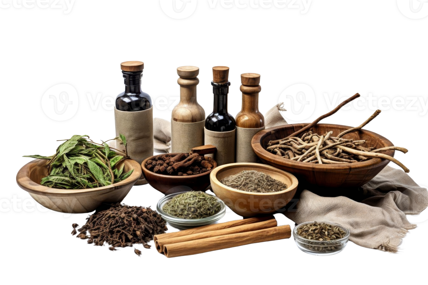 A variety of herbs and spices are displayed on a table. The herbs include basil, parsley, and mint, while the spices include cinnamon, nutmeg, and cloves png