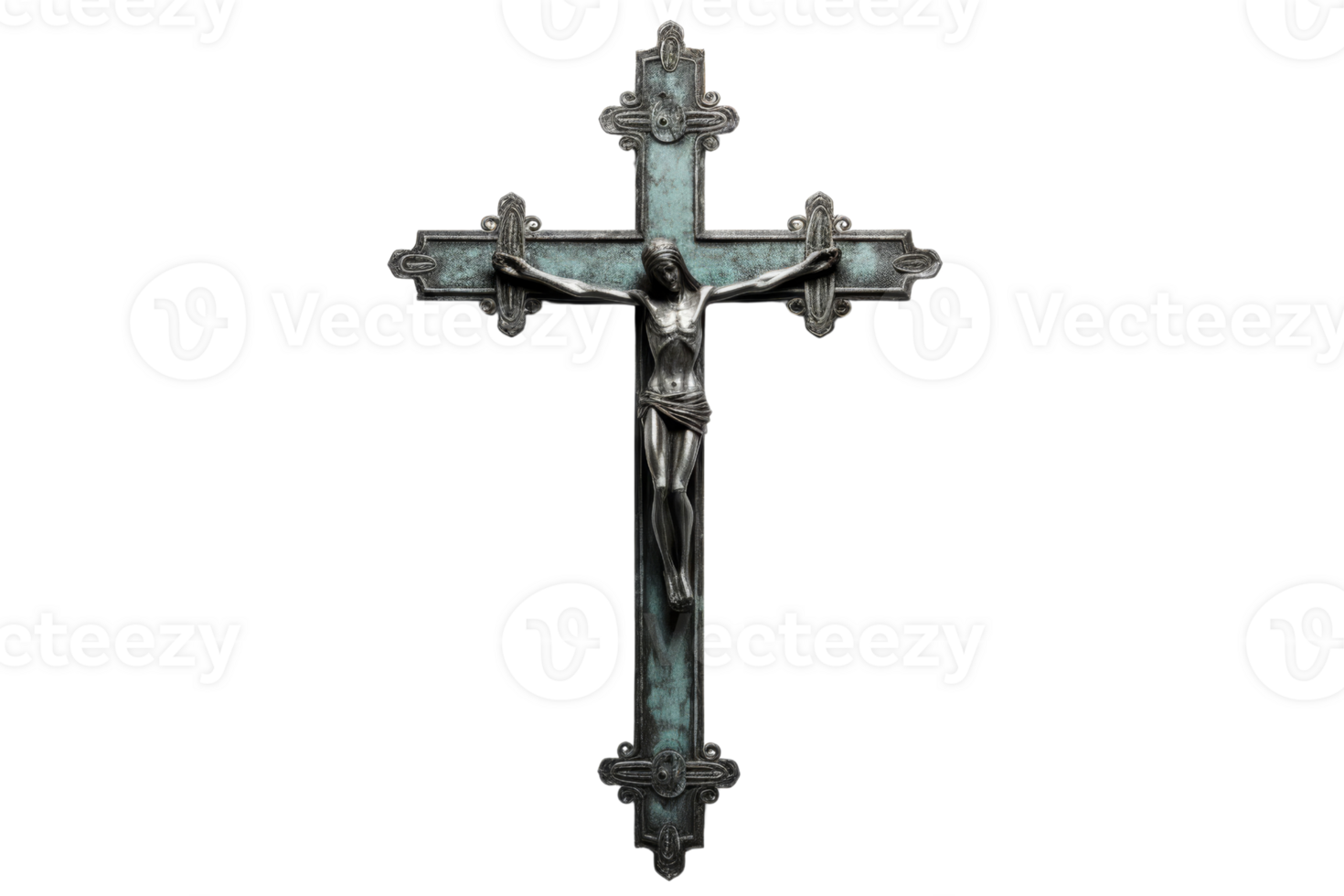 A cross with a man in the middle of it. The man is Jesus Christ. The cross is blue and silver png