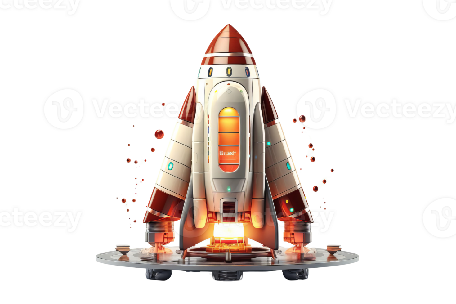 Colorful futuristic rocketship with glowing lights ready for launch, capturing the excitement of space exploration and technological advancement. png