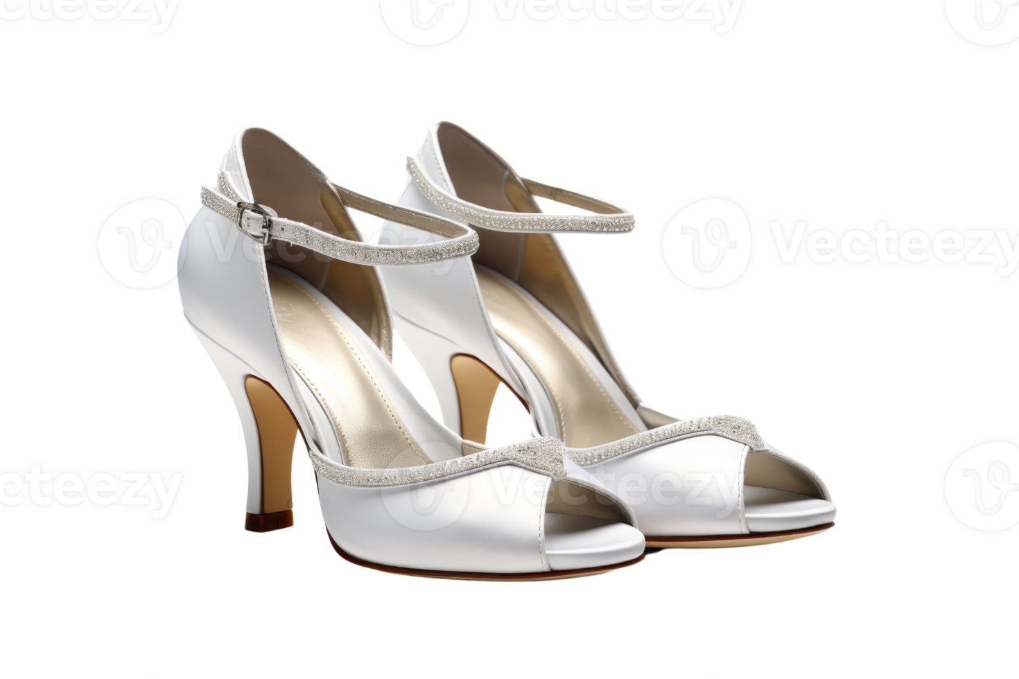 Elegant white high heels with ankle straps, perfect for weddings, parties, or formal events. Classic, stylish, and timeless footwear. png