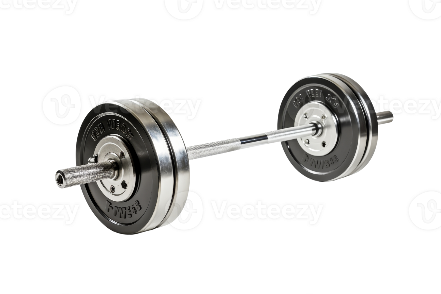A silver and black weight bar with a black and silver plate on each end. The bar is long and the plates are thick png
