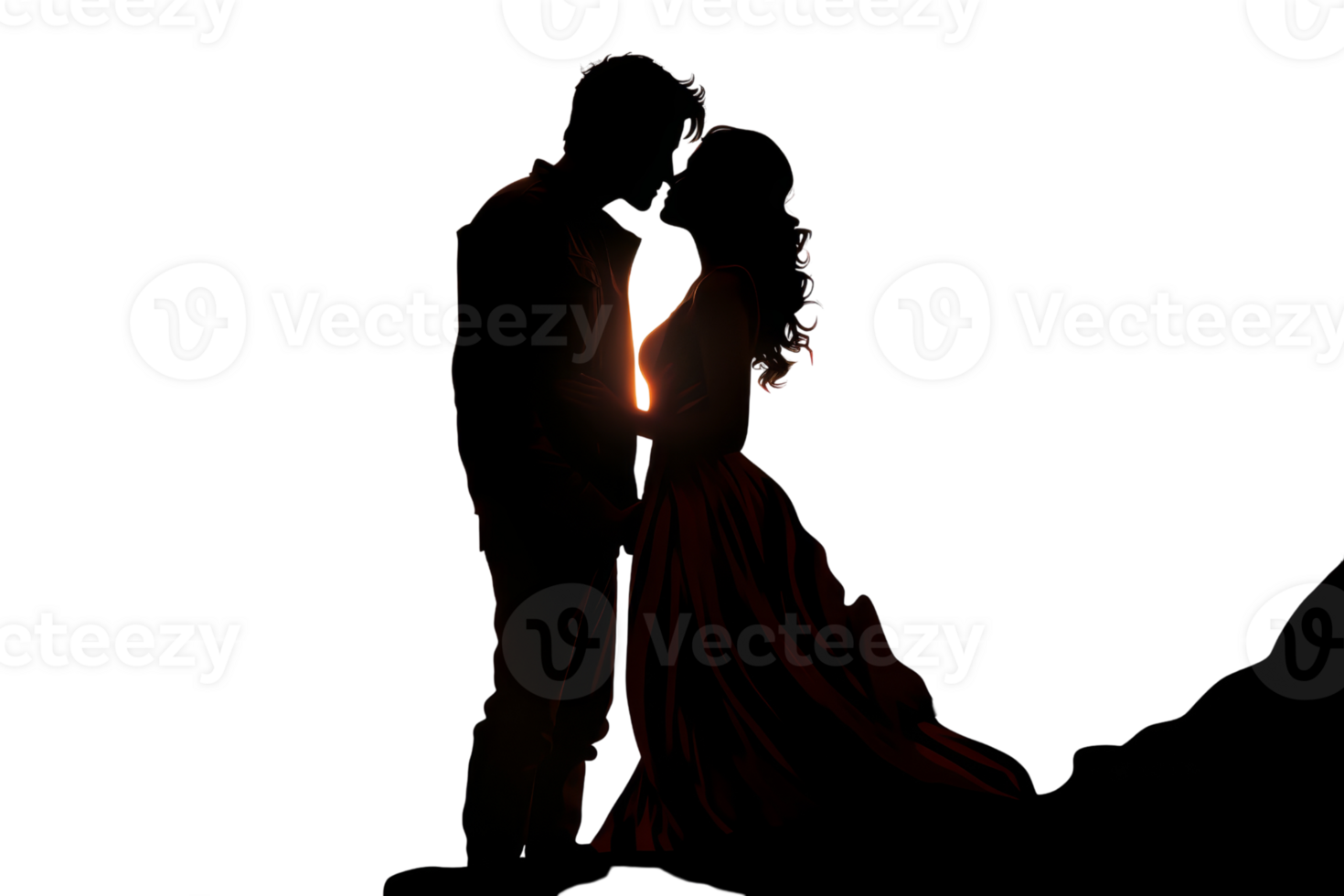 Silhouette of a romantic couple standing close together, sharing an intimate moment in darkness illuminated by warm ambient light. png