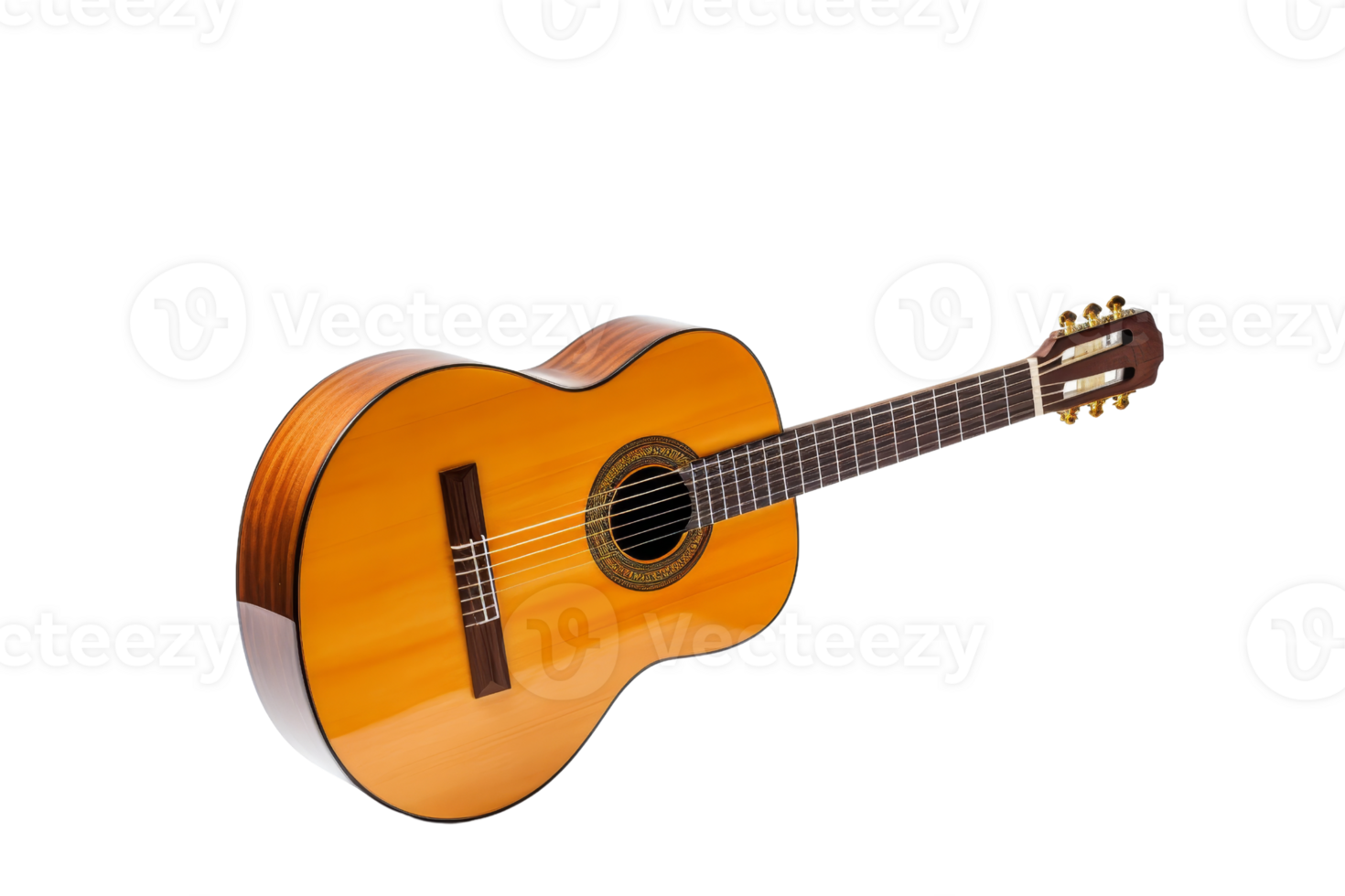 High-quality classical guitar with wooden construction, featuring six nylon strings, perfect for musicians and music enthusiasts. png