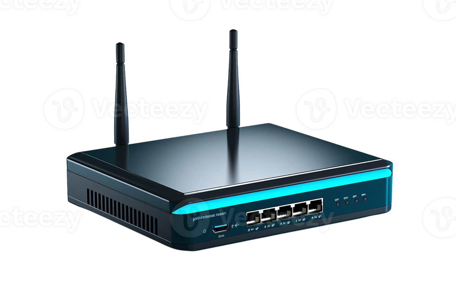 High-tech wireless router with multiple Ethernet ports and antennae, suitable for home and office networking solutions. png