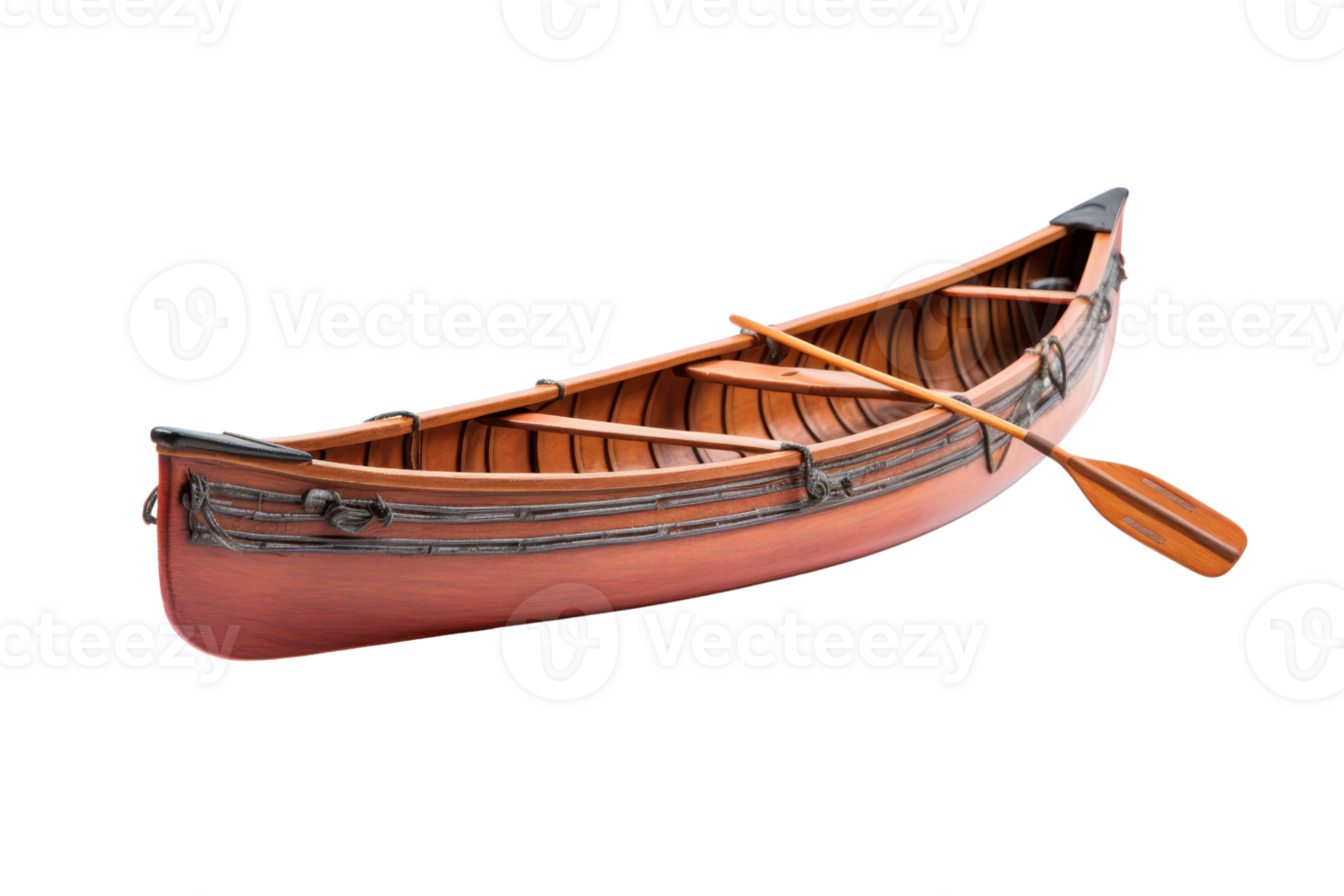 Wooden canoe with paddle isolated on transparent background. Perfect for adventure, travel, and outdoor activity themes in stock photos. png
