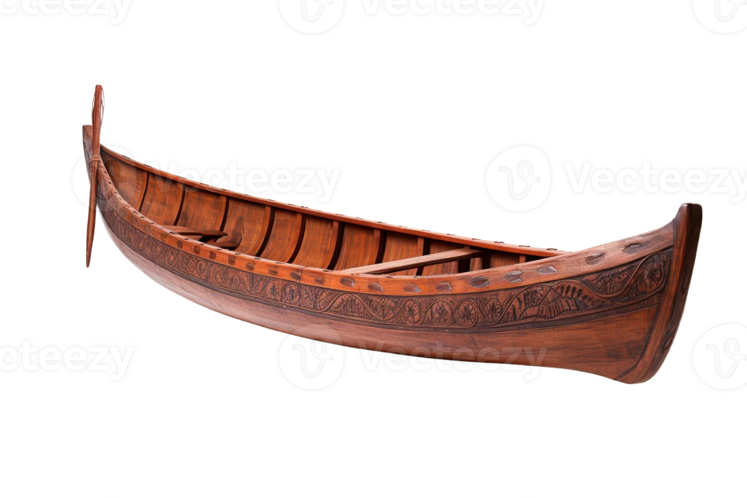 A wooden boat with a carved design on the side. The boat is long and narrow, with a pointed front. The design on the boat is intricate and detailed, giving it a sense of history and craftsmanship png