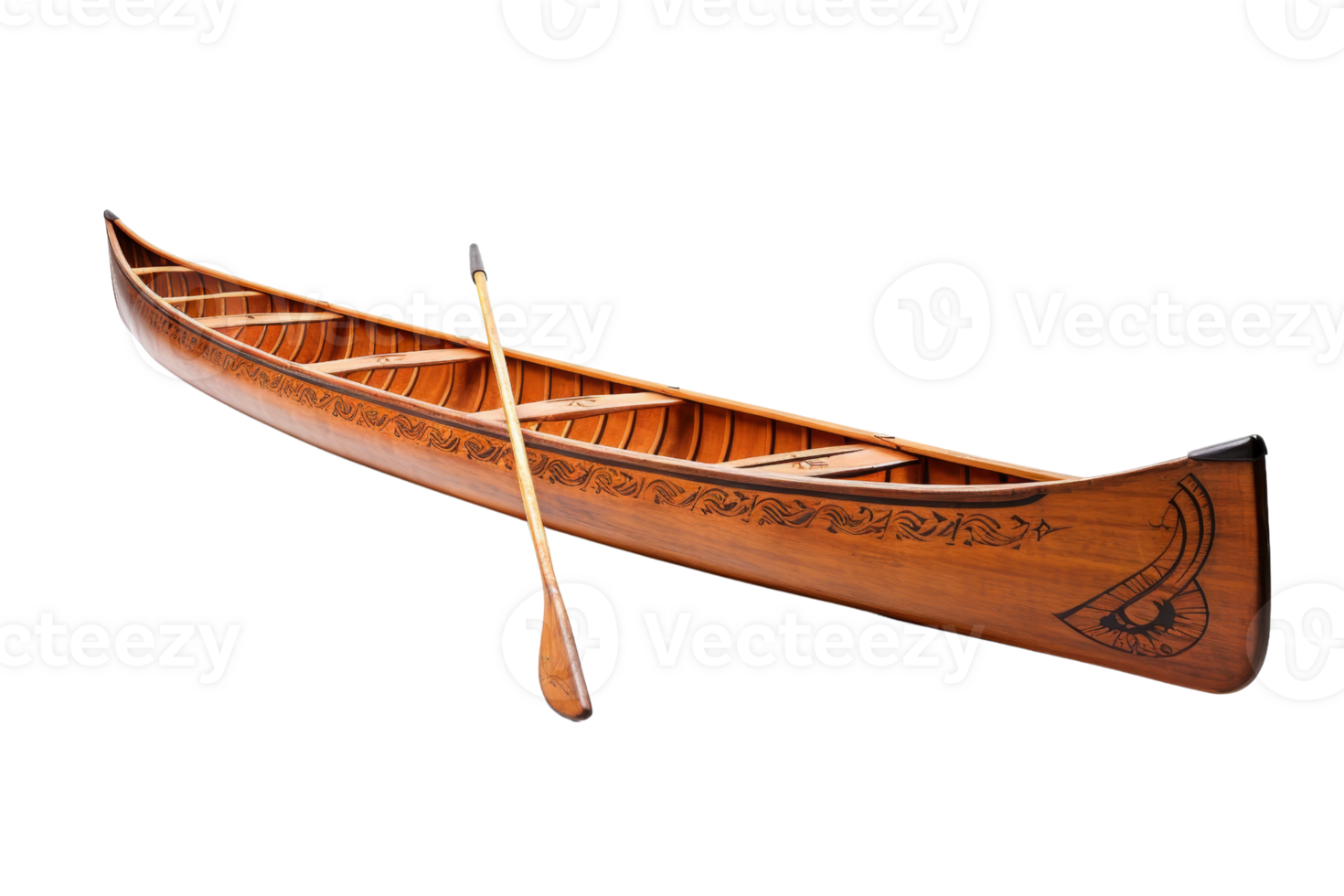 A wooden canoe with a paddle on it. The canoe is decorated with a design of a bird png