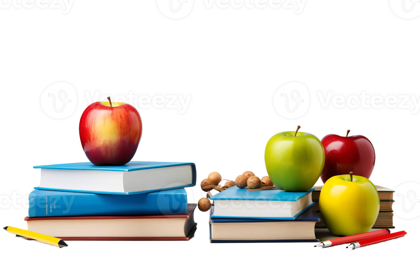 A stack of books with apples on top and a pencil on the bottom. The apples are green and red and the books are blue png