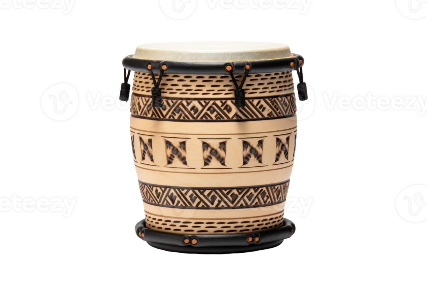 A wooden drum with a black and white design. The design on the drum is intricate and detailed, giving it a unique and artistic appearance. The drum seems to be a symbol of cultural heritage png