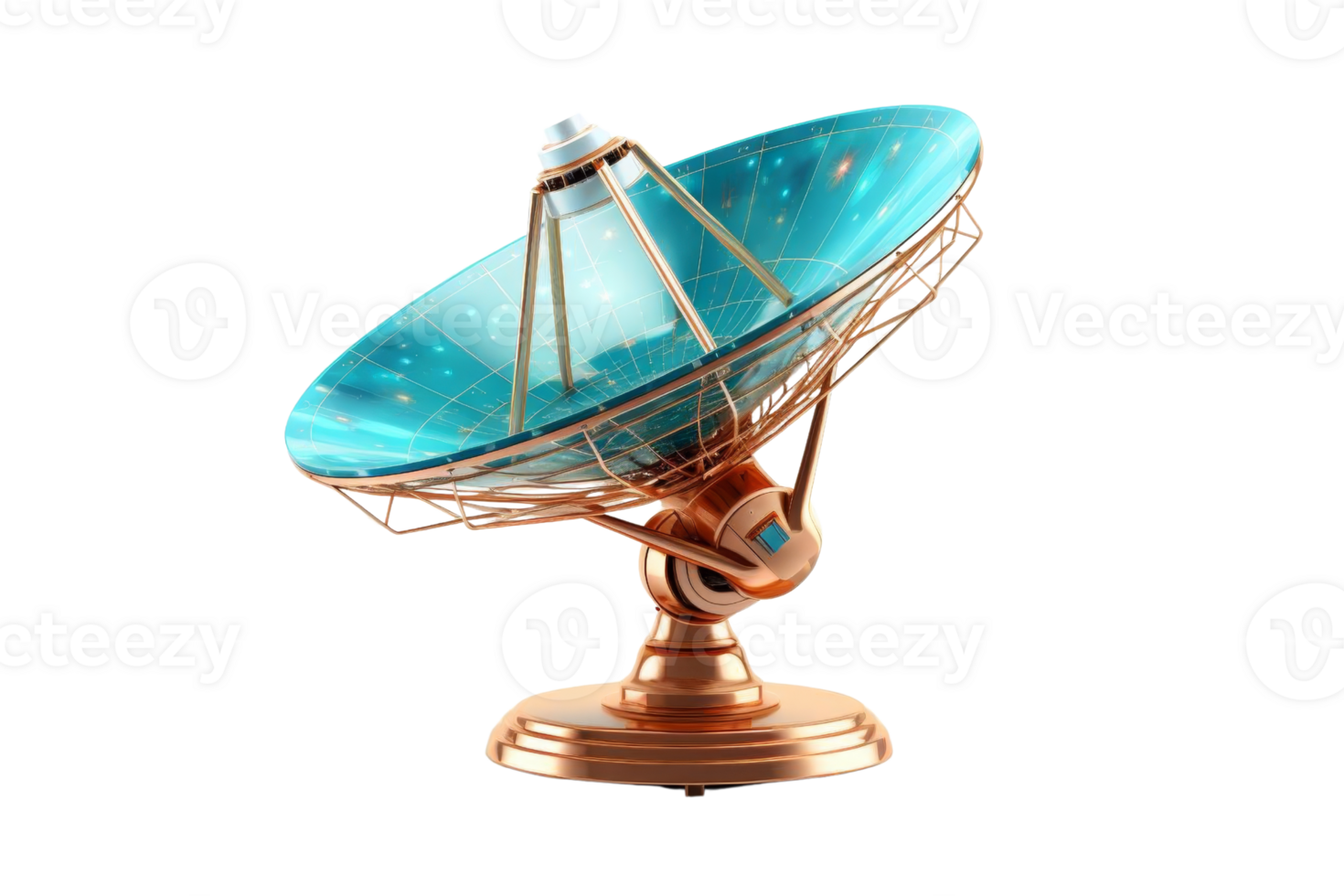 Futuristic 3D illustration of a satellite dish with a glowing blue surface, symbolizing advanced communication technology and space exploration. png
