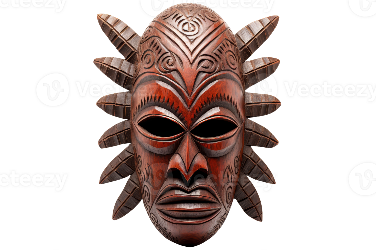 A wooden mask with feathers on it. The mask is brown and has a feathery design png
