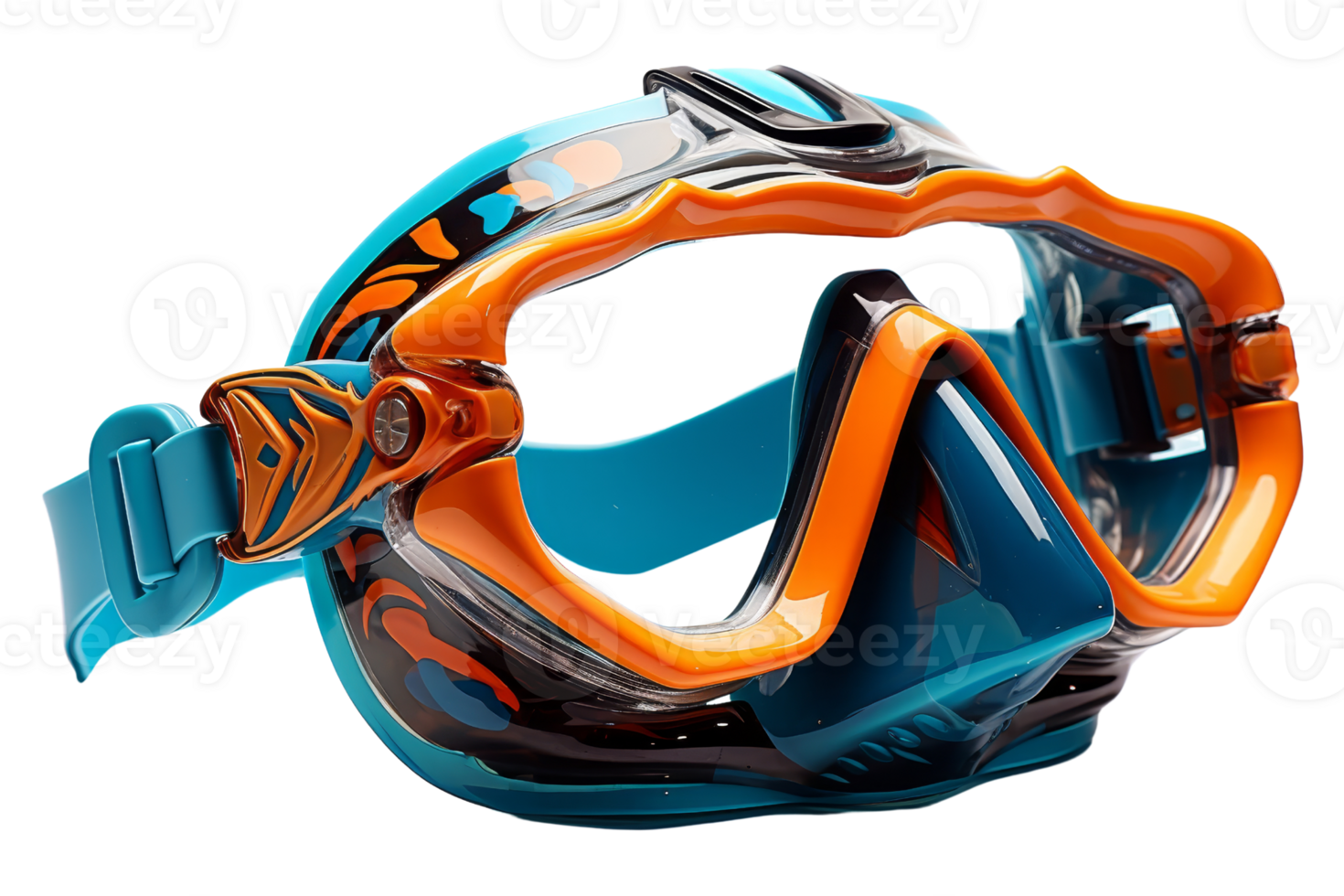 A pair of goggles with a blue strap and orange lens. The goggles are designed for underwater use png