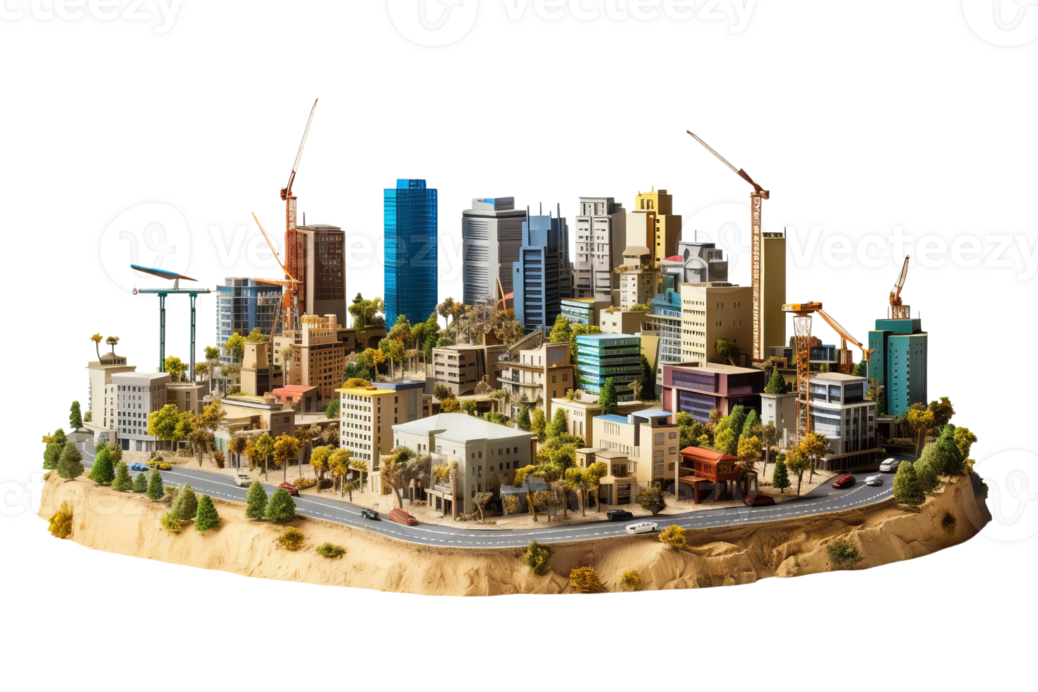 A model of a city with a lot of construction going on. The buildings are tall and there are many cranes in the background. The city is bustling with activity png
