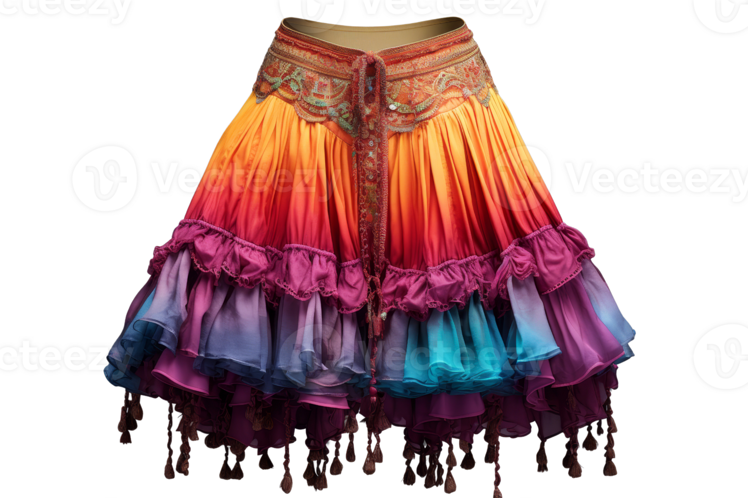 A colorful skirt with a colorful belt. The skirt is multi-colored and has a lot of fringes png