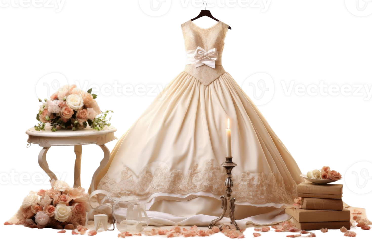 A white dress with a bow is hanging on a hanger. A table with a vase of flowers and a candle is in the background png