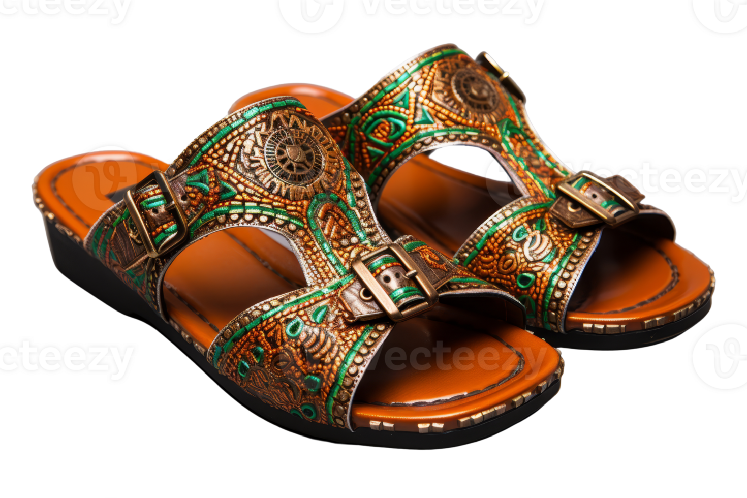 A pair of sandals with a green and brown design. The sandals are made of leather and have a gold buckle png