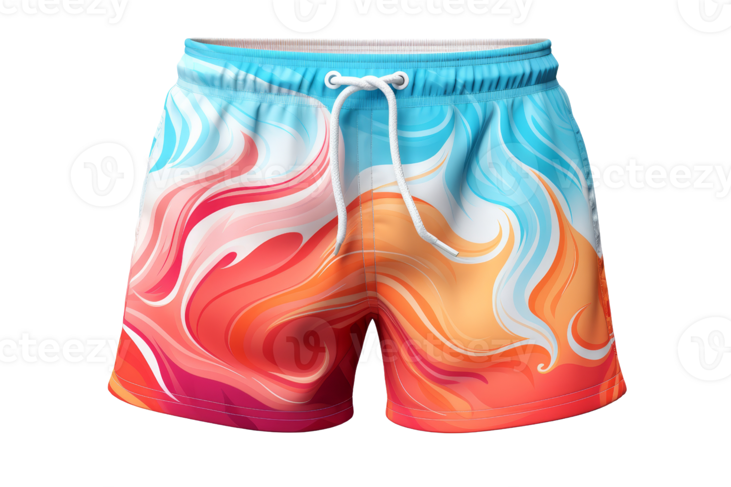 A pair of colorful shorts with a flame design. The shorts are orange, blue, and white png
