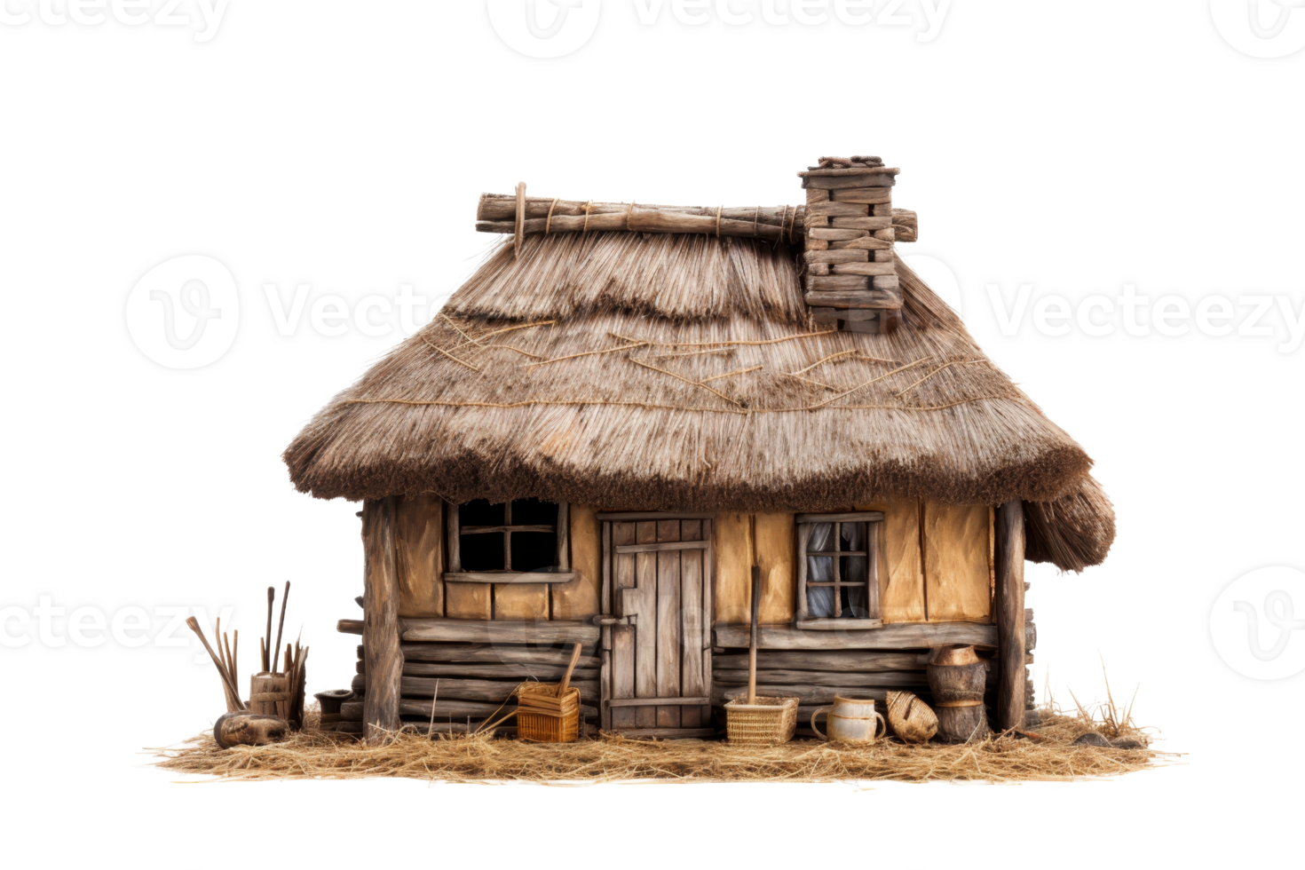 A small, old house with a thatched roof and a chimney. The house is surrounded by straw and he is abandoned png