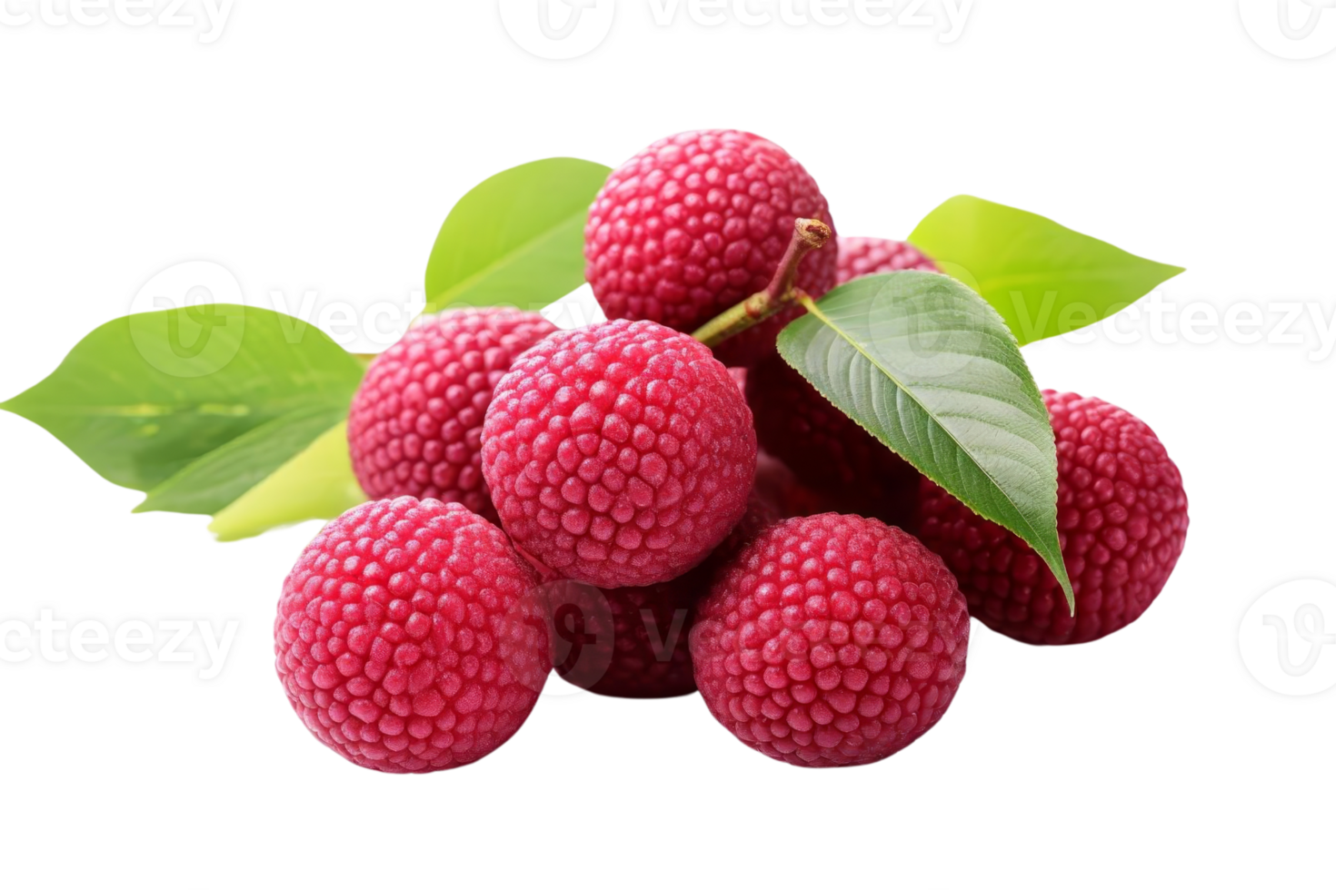 A bunch of red raspberries with green leaves. The raspberries are small and round, and they are arranged in a pile. The leaves are green and add a pop of color to the scene png