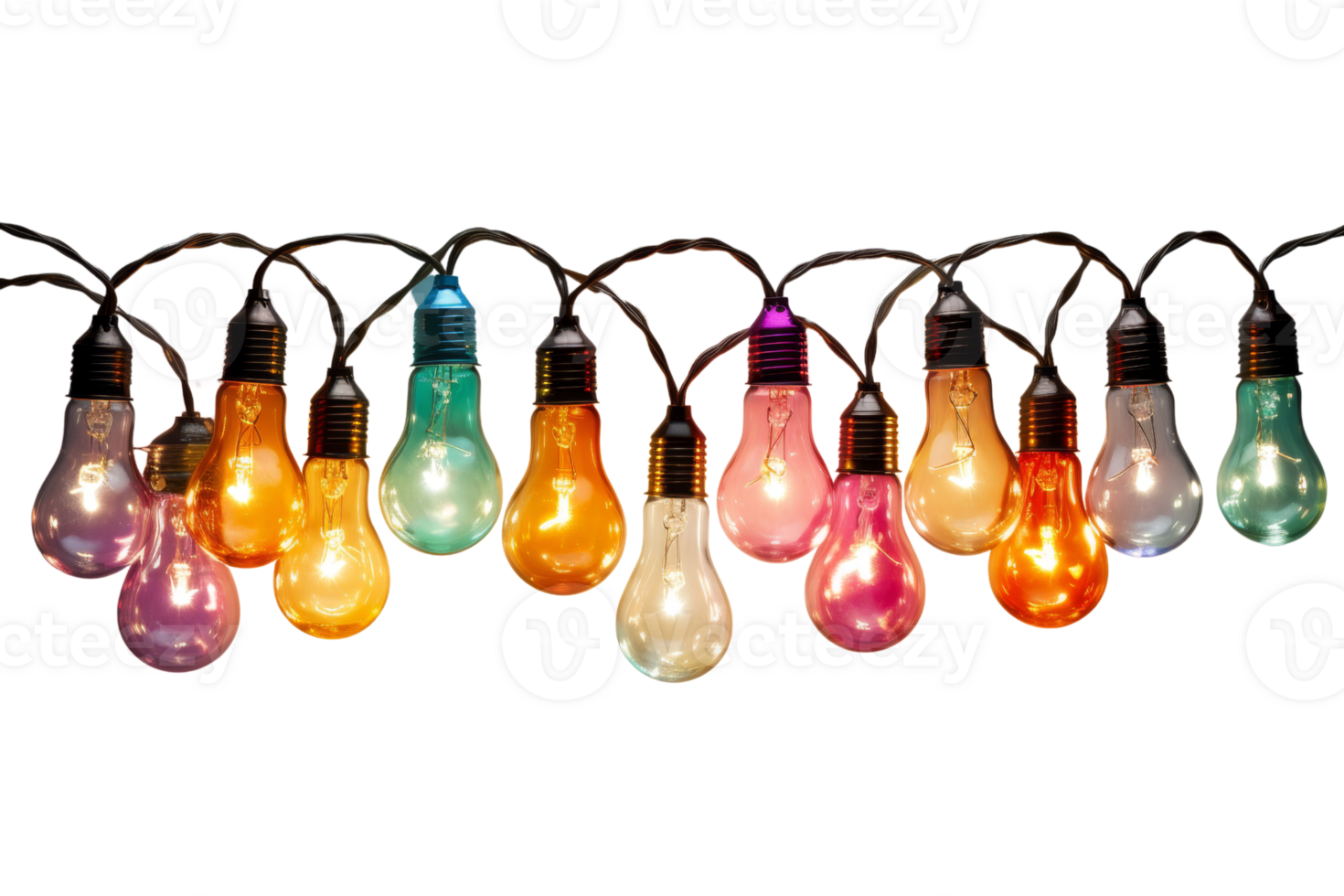 Colorful string lights with glowing bulbs in various hues on a black background. Ideal for festive, party, or decorative lighting concepts. png
