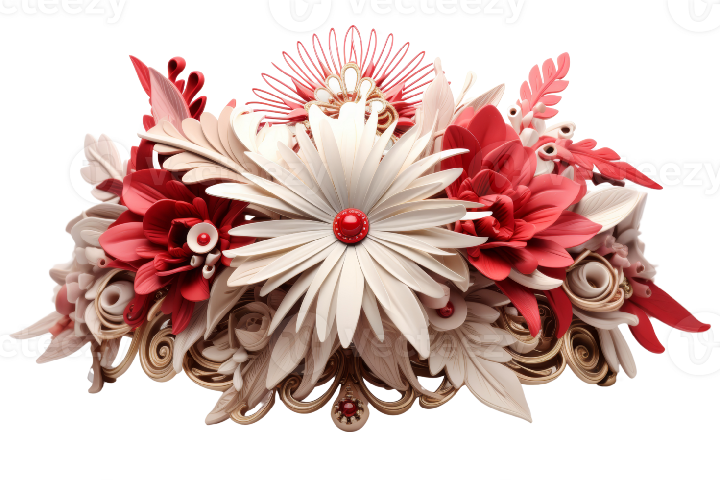 A bouquet of flowers with a red and white center. The flowers are made of paper and are arranged in a way that makes them look like they are real. The bouquet is very colorful and has a happy png