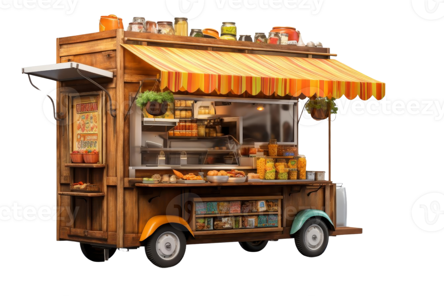 Charming vintage food truck with striped awning, stocked with fresh produce and baked goods, ideal for a street food market scene. png