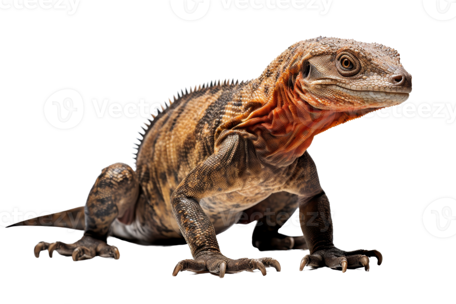 Close-up of a detailed, vibrant lizard with a striking orange neck and textured scales, isolated on a transparent background. png