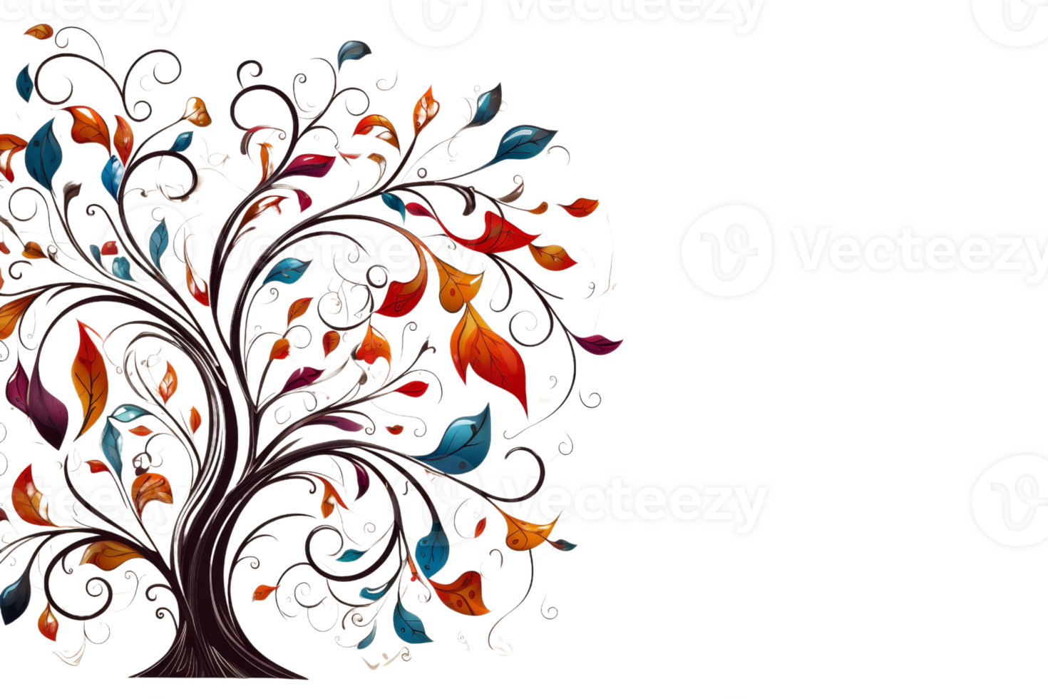 A tree with leaves of different colors and a white background. The tree is the main focus of the image png