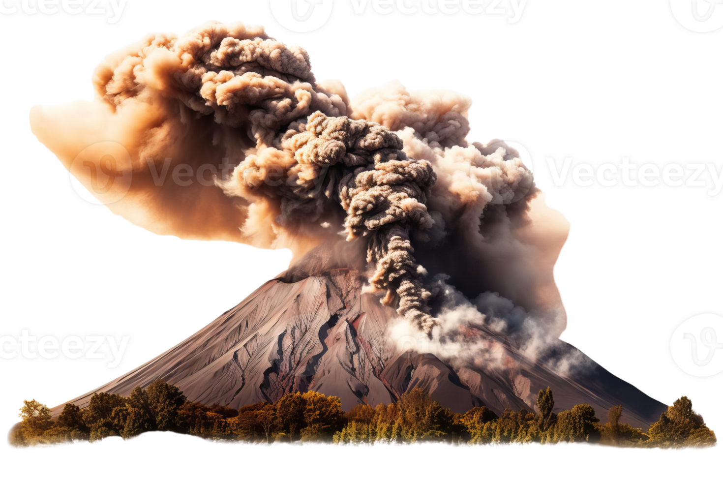 A volcano is spewing smoke and ash into the air. The scene is dramatic and intense, with the volcano towering over the landscape. The smoke and ash create a sense of danger and destruction png